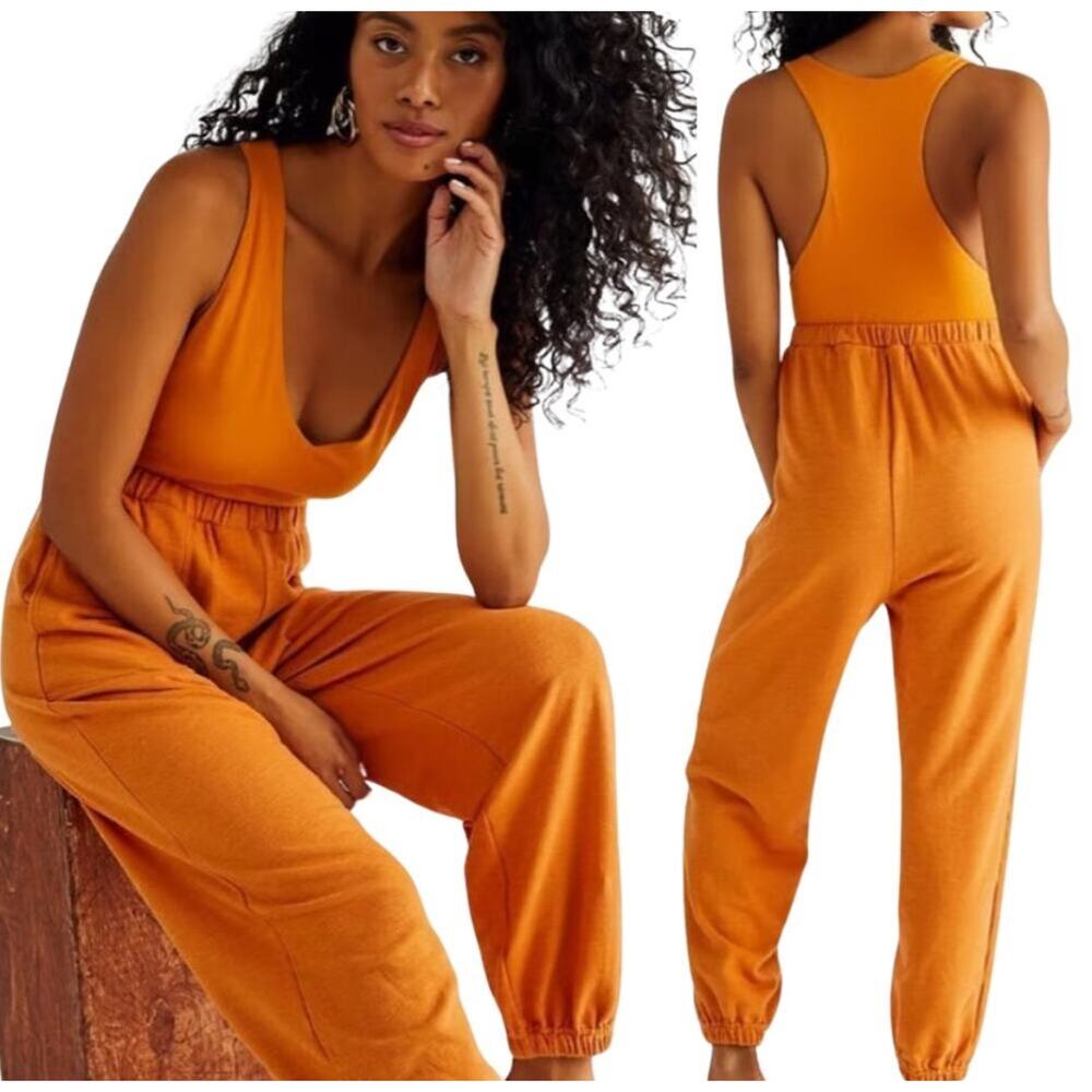 Free People Beach Kyle Knit Jogger Jumpsuit XS Burnt Orange Sleeveless Racerback
